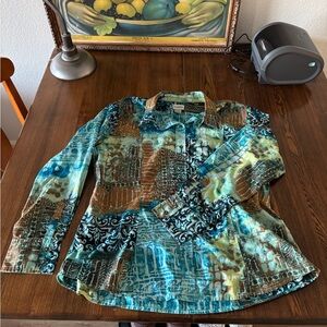 Chico's Vibrant Patterned Shirt in Blue and Brown
